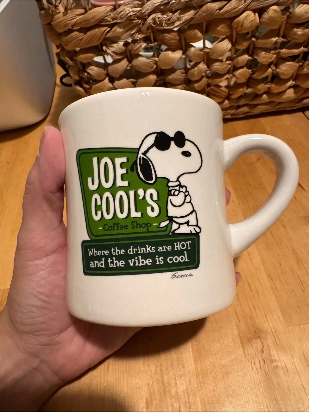 White Ceramic Coffee Mug with Snoopy Joe Cool’s Coffee Shop